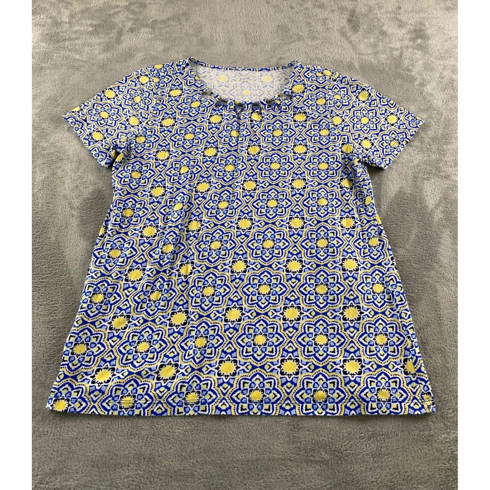 Kim Rogers Womens Blue Yellow Medallion Print Cutout Neck Short Sleeve Top M